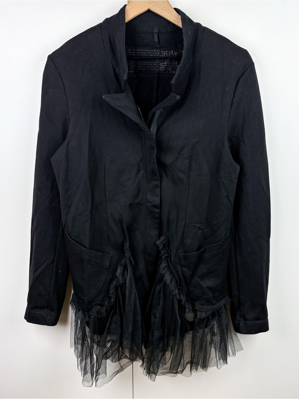 Rundholz Lagenlook Avant Garde Black Ruffle Tulle Hem Blazer Jacket Small Goth